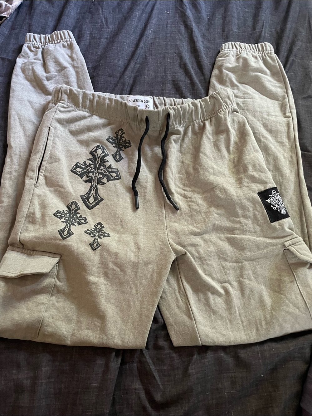 Sovereign Code Olive Green Cargo Sweatpants with Cross Graphics